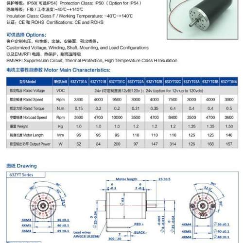 632ZYT63ZYT02A02A1v24mv永40v磁直流有刷电机额定3000rp100w