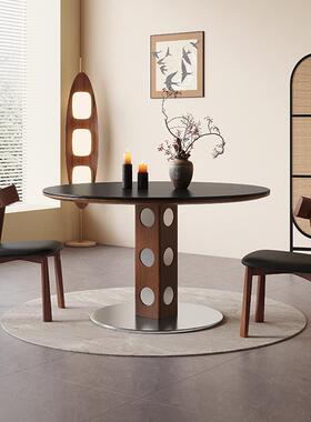 中古风岩板圆桌复古金属实腿圆餐家ZON用小桌户型形法式柏图木圆