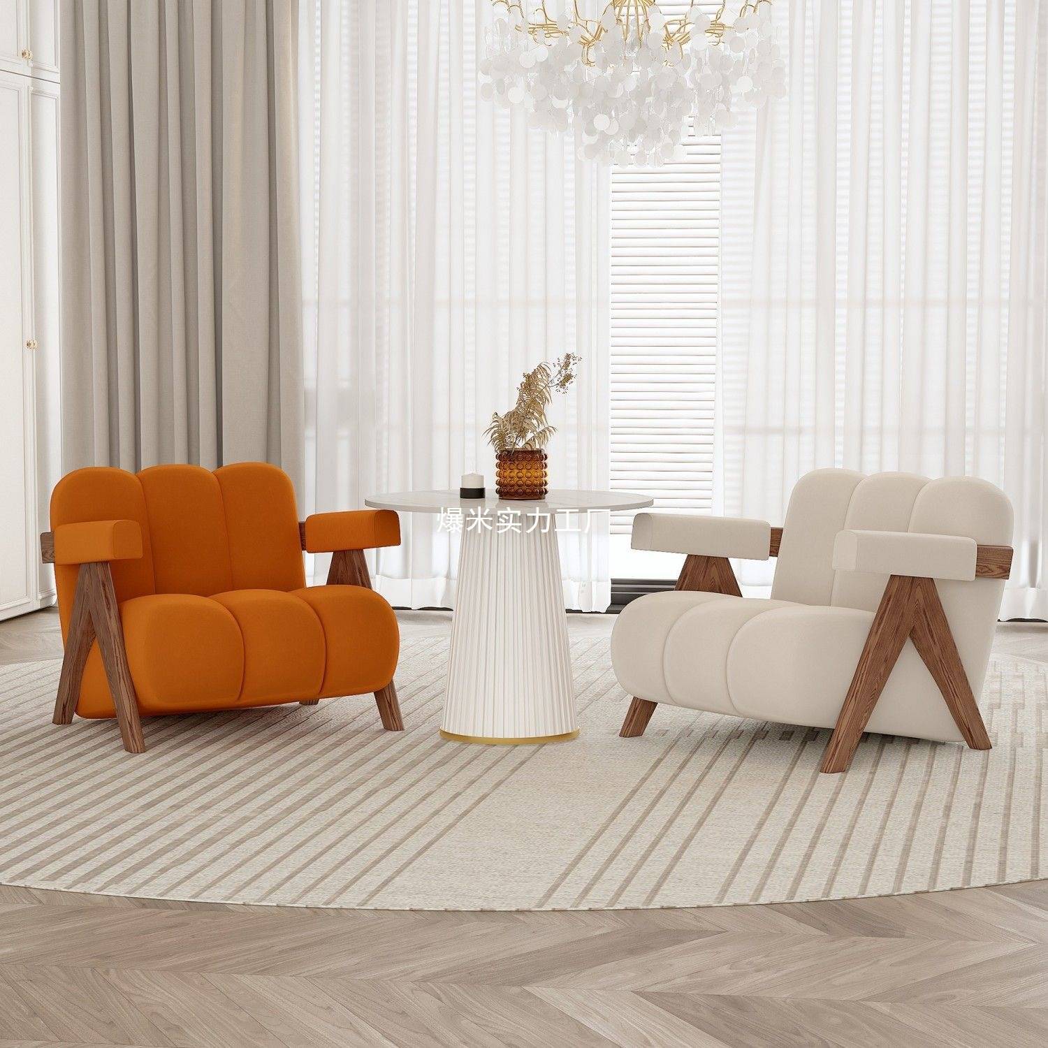 小户型单人沙发椅休闲椅民宿休息区大堂组合极简木扶手洽谈古风