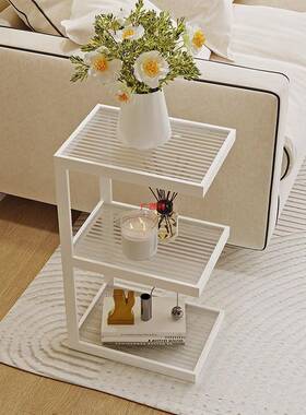 客厅沙发家用OWD落地置架极窄奢油床头柜轻物置物架边几奶风玻璃