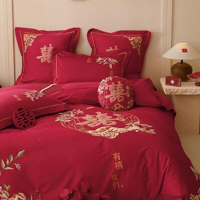 喜100S纯棉新中式床刺绣花结婚庆全棉四IWO件套红色陪嫁上被套单