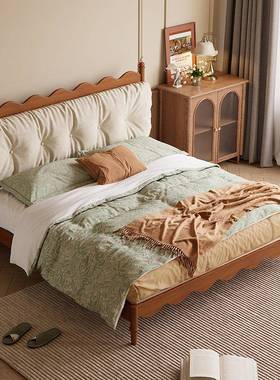 法式实复古全木床中温莎简约现代软包主卧美奶油小户型式双EYG古