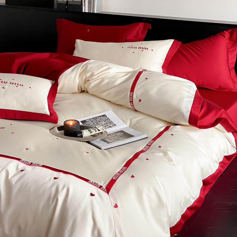 轻奢风爱心刺绣10支长绒棉件套全DKF棉磨毛四季通0用床四单被套床