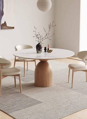 奶油木风岩板圆桌家用小VXT原户型嵌内木转盘圆形饭桌实圆餐桌椅