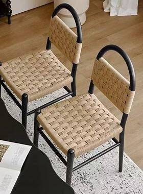 法式中adf45441古薇薇安餐椅绳编实背木椅子复古妆客厅家用织靠休