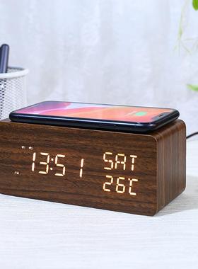 厂销LED线充智能创意木LGF时钟10w质无线年充电le无d数字钟万历闹