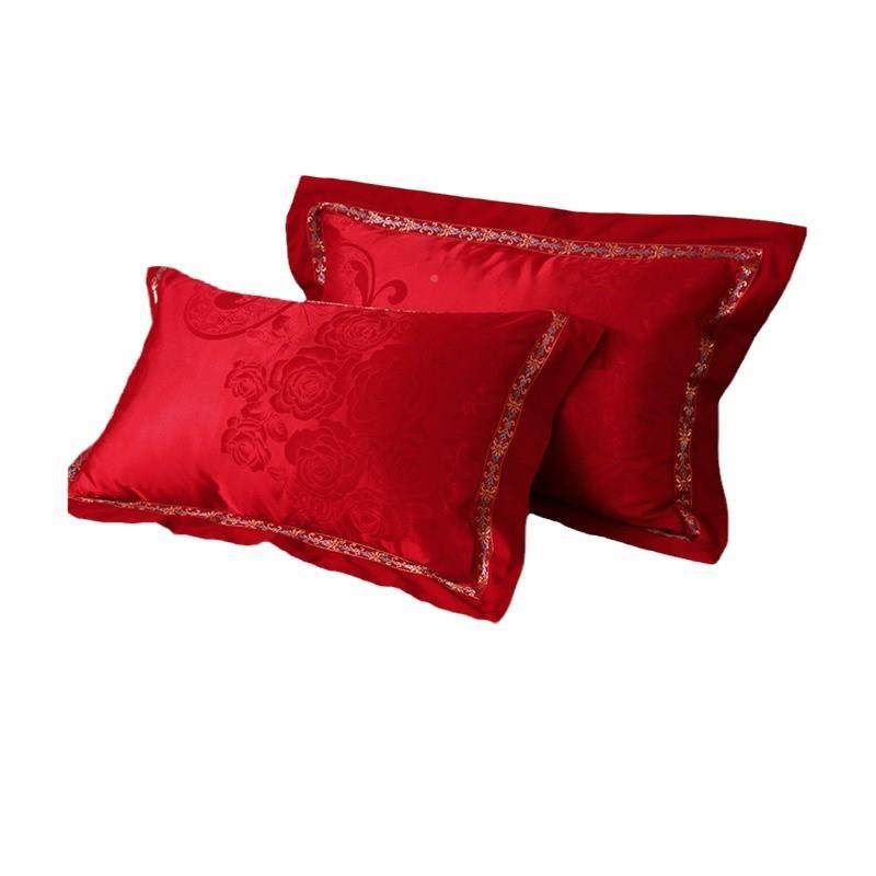 结高端欧婚式轻奢风贡缎提花套一对枕装庆大红色枕头套单人OGK枕