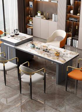 岩板桌餐桌椅组合公室办岛台茶茶台烧LZF壶水一体两用客厅家用茶