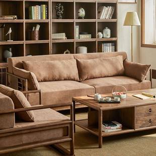 新中式 轻奢布实木沙发合黑LKP艺现胡桃木三人双组人位客厅代简约