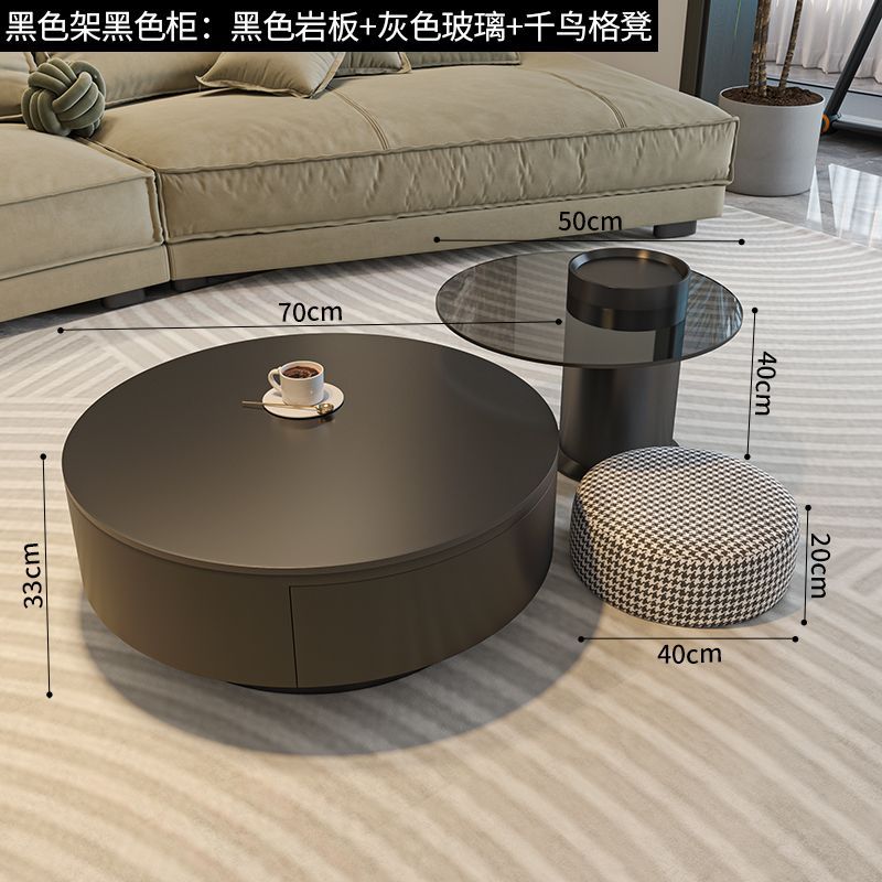 岩板圆形茶几客厅家用轻奢现代简约大小户型黑色茶桌玻璃意式极简