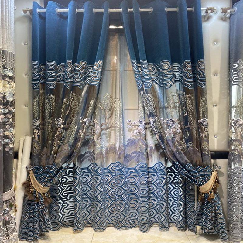 厅新款轻奢新中式美式现山水绣窗ZYR帘大镂空客书房飘代窗落花地