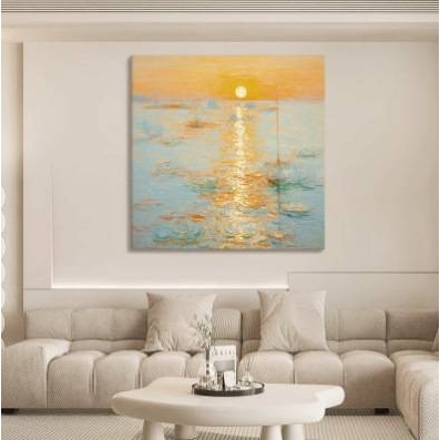 莫奈印象派风景海上日出手绘油画奶油风客厅装饰画玄关正方形挂画图片