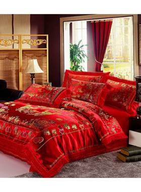 国式婚庆绸缎件套中大红色龙凤百子图结婚床上H004用品四