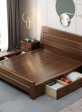 新中箱式实木床.8米人床主卧婚床1.5米双储1物高现代简约胡IQX桃