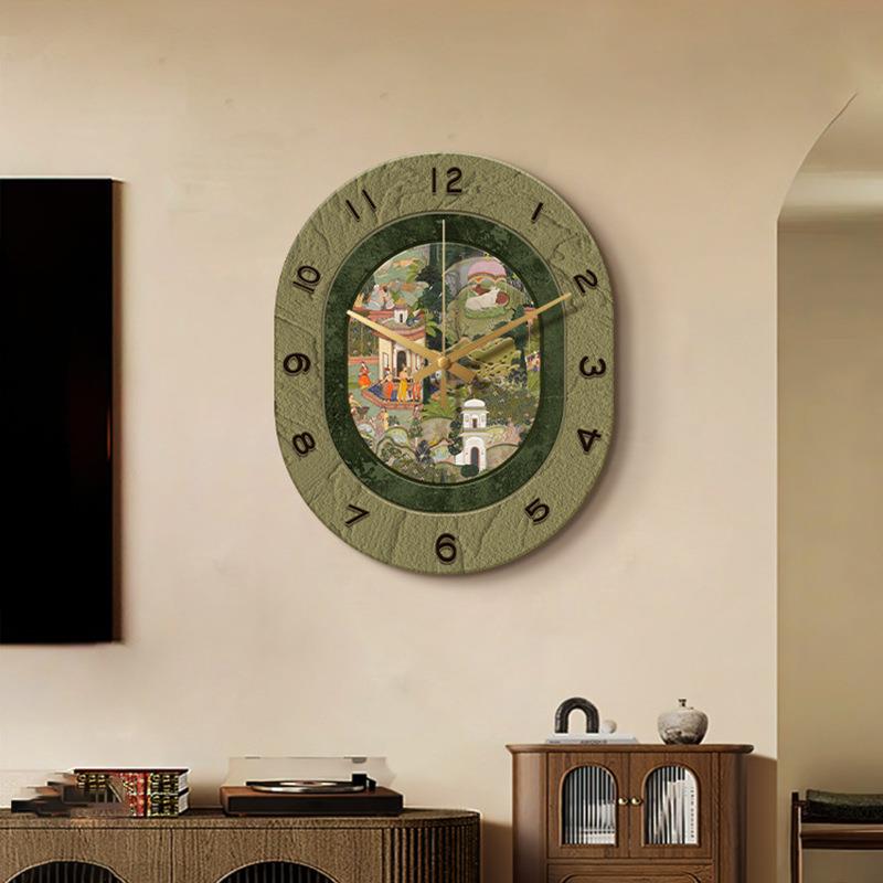 法复古客厅挂YSQ古钟感装中式风餐厅饰画创意钟表挂墙绿色时钟画