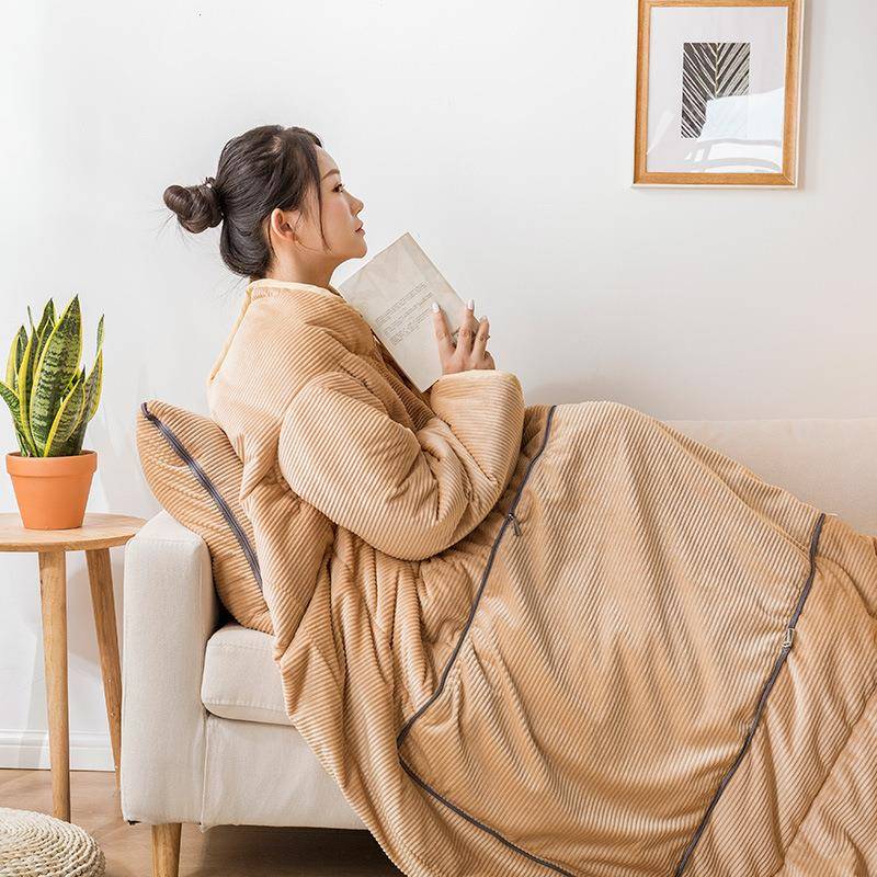 带袖人学000被冬季珊瑚绒午懒休办公室车载生多功能穿抱枕被可身