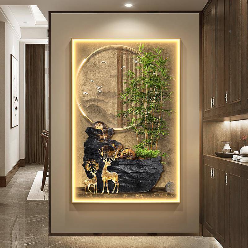 新中迎客松流水财玄关装饰画生带灯客厅壁画入光式户门正对墙KWY