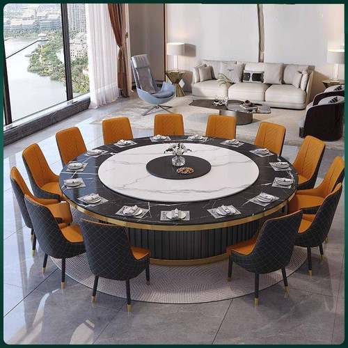 酒店电DF521628动大圆会桌岩板桌旋转20人饭店家包厢商餐用别墅宴