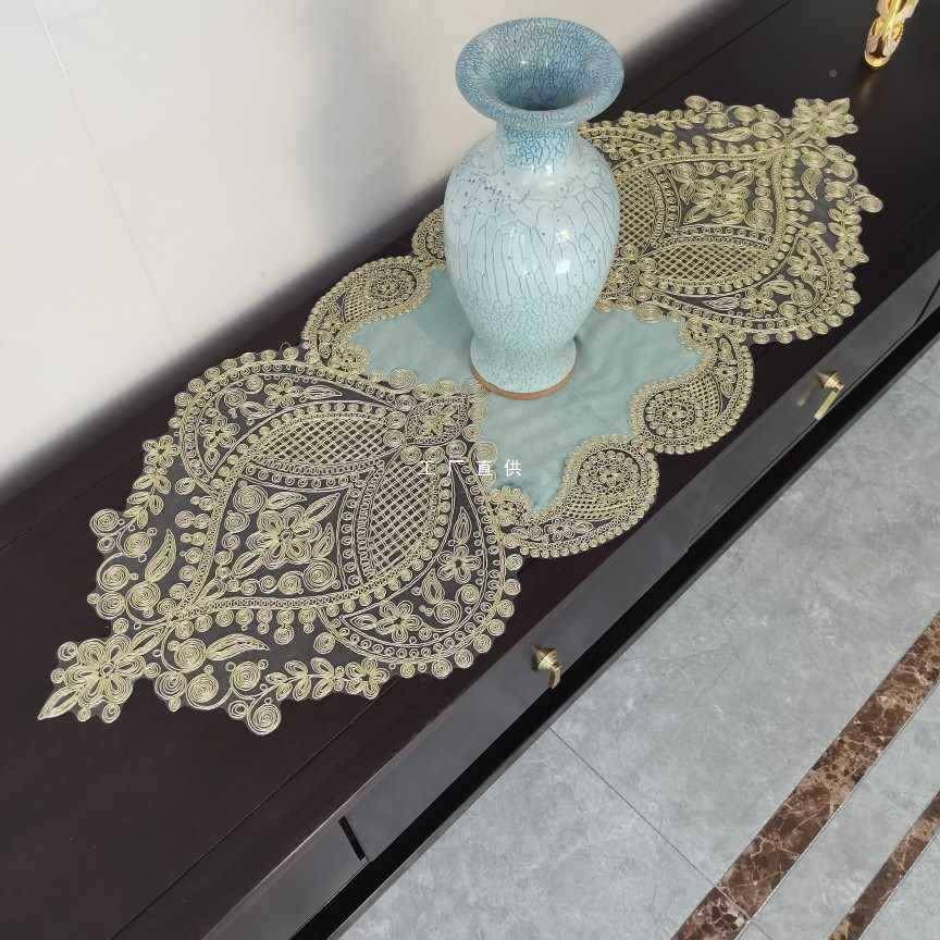 新款式蕾丝奢华欧金色桌旗餐桌茶桌布梳妆台几尘五斗柜防F8756M57