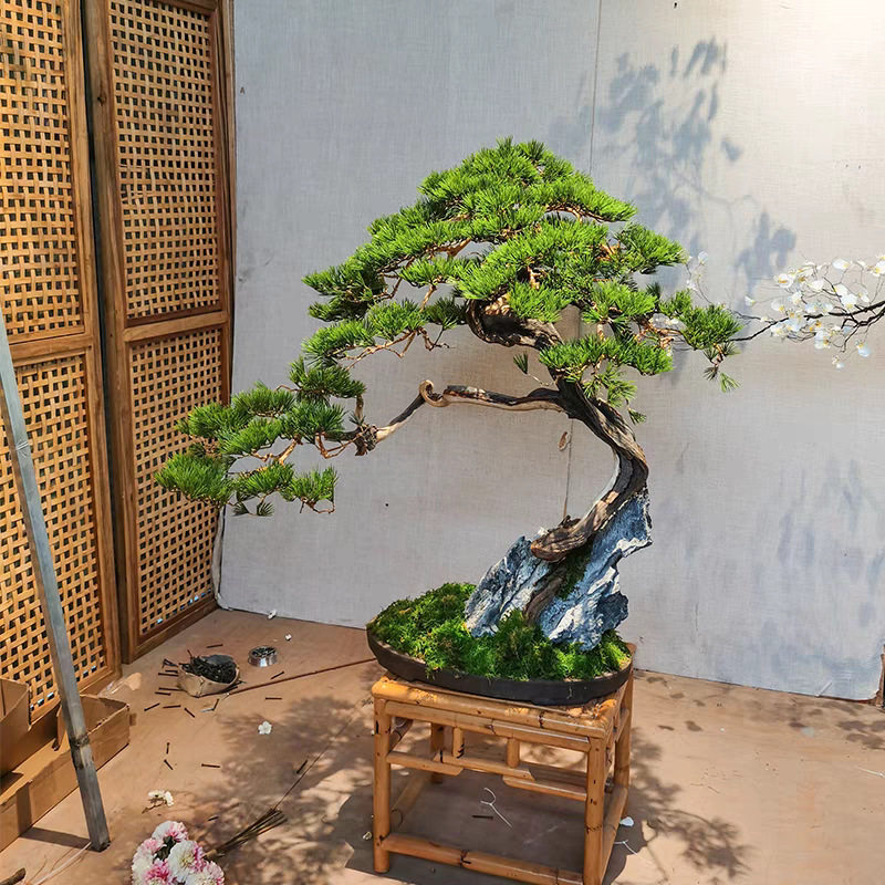 迎客松仿真树大型假树中式室内造景绿植玄关橱窗崖柏松根包石景观
