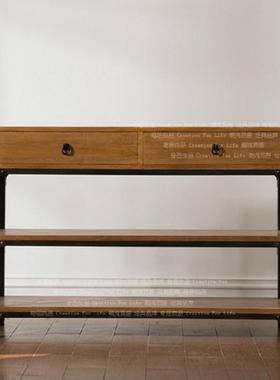 美o式l架ft复古实木架铁艺书柜书带抽屉置物玄关IOJ柜玄关桌收纳