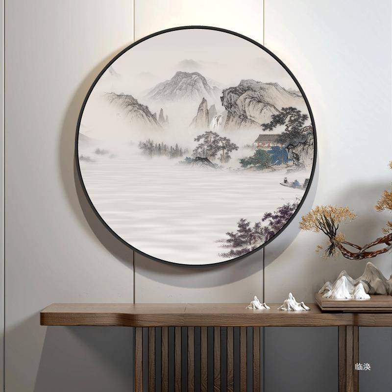 新中式玄关入户圆形装饰画山水画风景画客厅过道走廊禅意直销图片