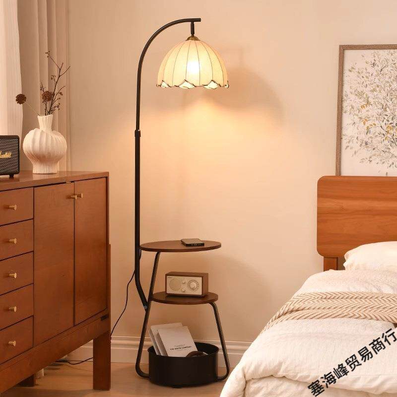中古风落地灯网红边几厅沙发旁客饰置612物架台台灯装茶几一体落