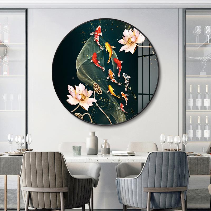 厅九鱼图新中荷花玄关装式饰画九SF658082鲤鱼水招财餐过道挂画圆