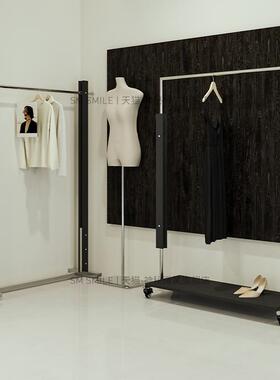 装服店展示架地橱窗PUV落中古风可挂衣架移动直播间胡桃木色陈列