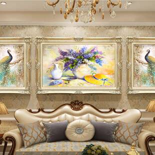 客挂厅背景饰画装孔雀卉油画花壁画欧式ss55大气三联组合画