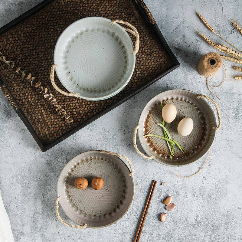 艺隆轩创意EJT陶瓷具餐用水篮菜盘餐盘家日式复古粗陶双绳手提菜