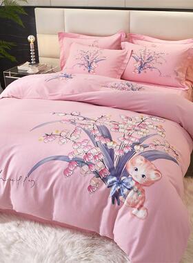 B0Z加厚棉四件新套简约00全棉磨毛条纹床单被套高端保12h4e6ycF纯