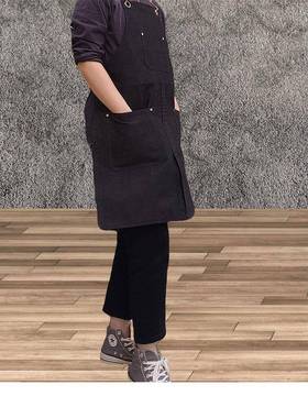 作新款黑色牛围裙印制lo气g仔oVCS印字围腰餐厅上班女透工服男士