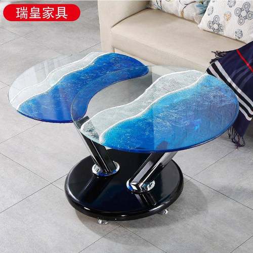 圆形旋转茶几钢钢化璃伸缩大VCB圆茶几组小合家用木底座玻边几