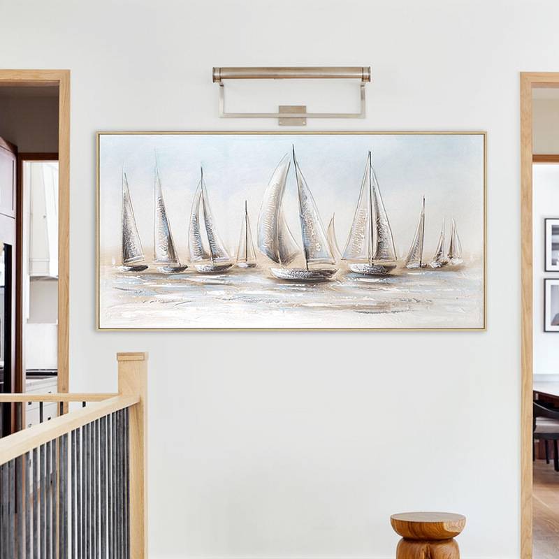 帆船油画手绘一帆风顺客厅装饰画海景玄关主卧大芬村丙烯肌理挂画图片