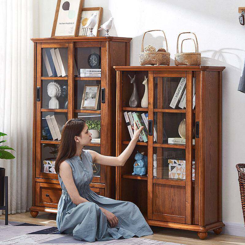 抽拉式架书美式实推拉带玻木璃门落地置物柜书家用儿童BDK小书橱