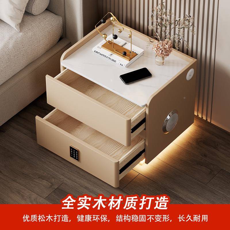 奶油风浮实木带灯智能床代头柜悬无品牌/简约现卧室床岩板边收纳