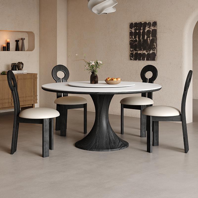 古风小蛮全木实中Y17#圆餐桌椅组合带转盘家用胡桃色复古小户型腰