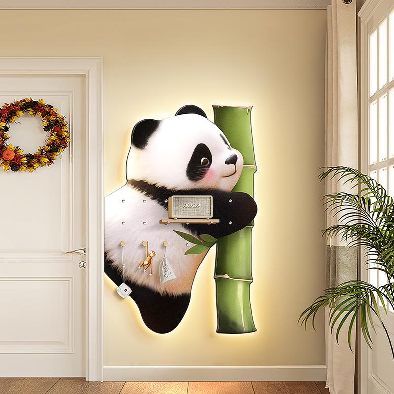 奶油风熊猫玄关装饰画对置入户走廊洞洞画板物挂进门正墙灯光ELF