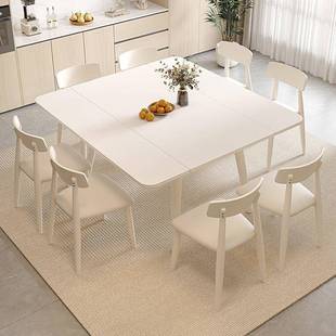 奶油风实木岩WSD板餐桌变方两用长方纯白色可哑光可桌折叠伸缩形