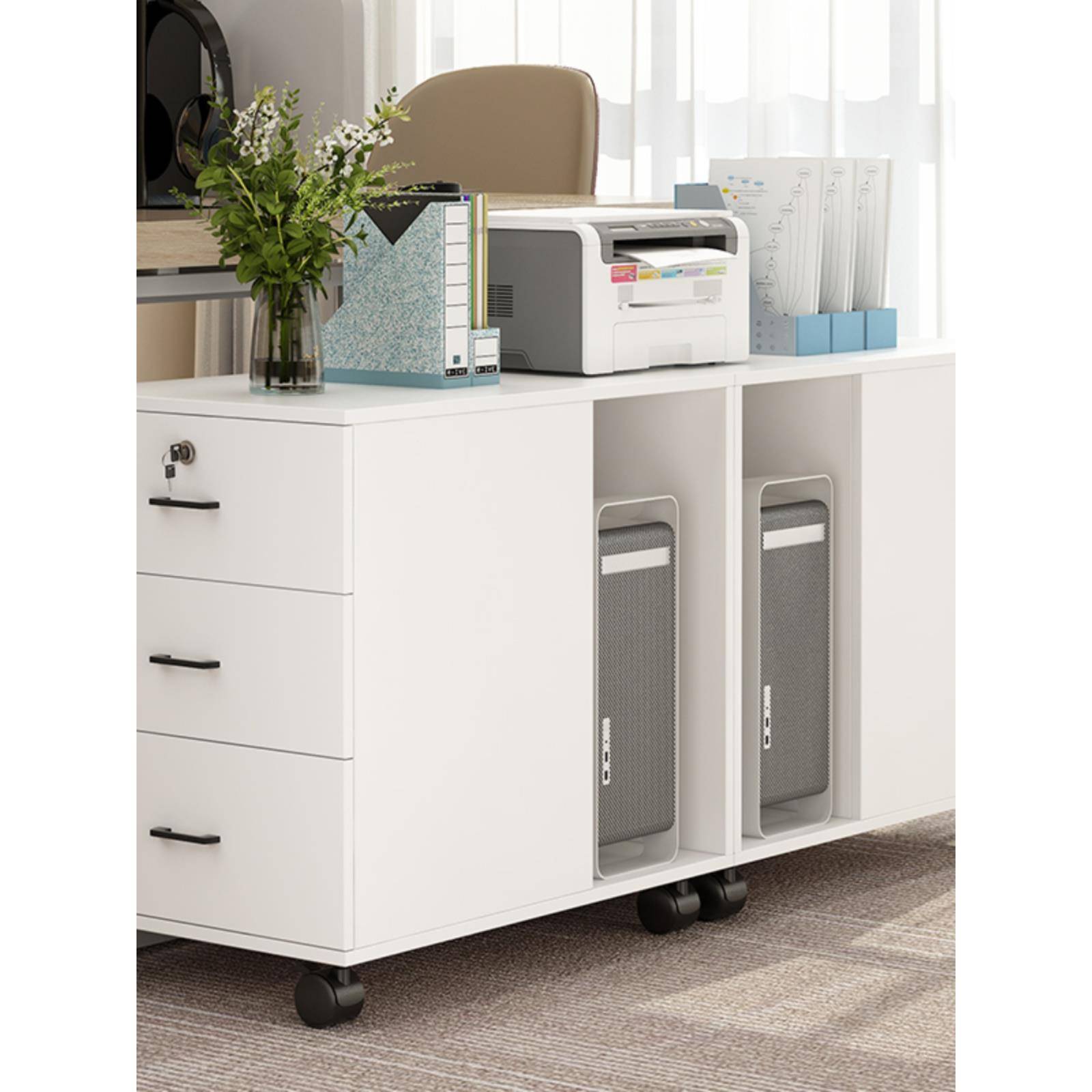 电A10L打机柜活动脑F76MH9TH主机柜床边收纳柜带滑轮印文件柜储物