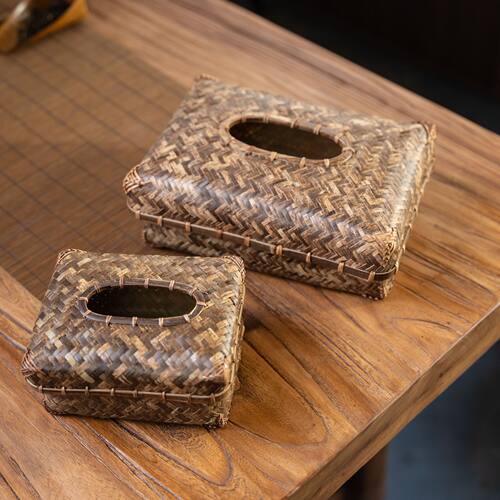 手工原色紫竹编纸巾盒 复古中式茶桌禅意摆件 竹制工艺品