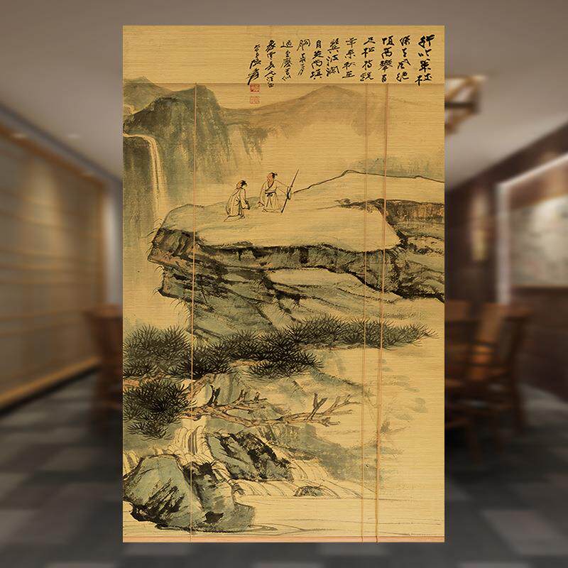 印花图案中山水画竹帘书国房隔断玄关竹窗卷JED帘卷帘式竹帘