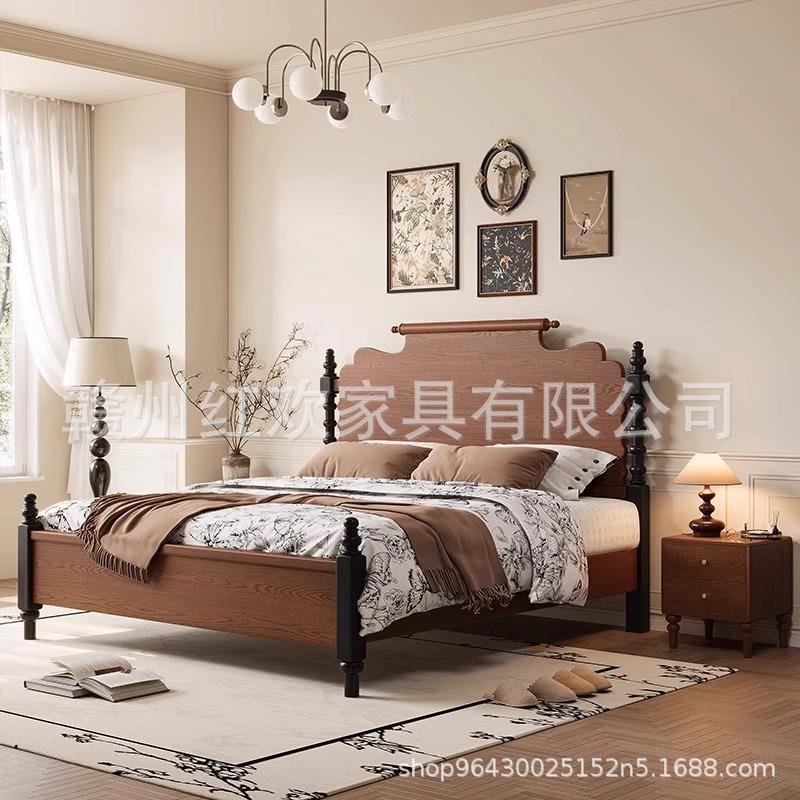 美式15实木床.米双人床主卧室大床1.m储物橡木黑1026#黑色复古法