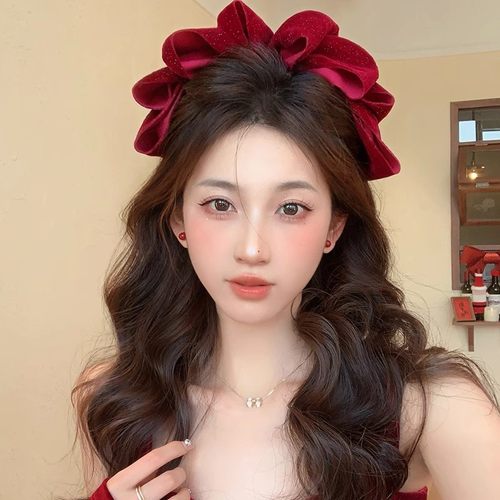 红色云朵大蝴蝶结发夹头饰弹簧夹半扎发夹后脑勺顶夹敬酒2025新款
