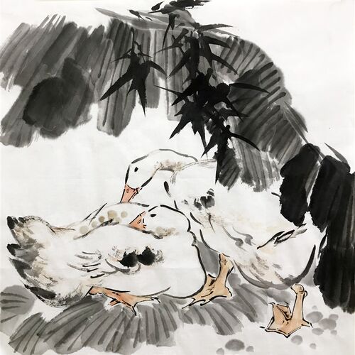 水墨画鹅国画3183四尺斗方无款手绘玄关K墙画客厅装饰宣纸画芯中