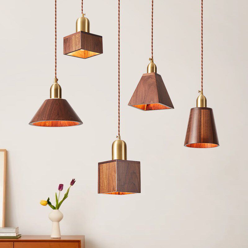 全铜餐厅吊灯创意胡桃木卧室床头灯厨房吧台餐桌灯日式复古小吊灯