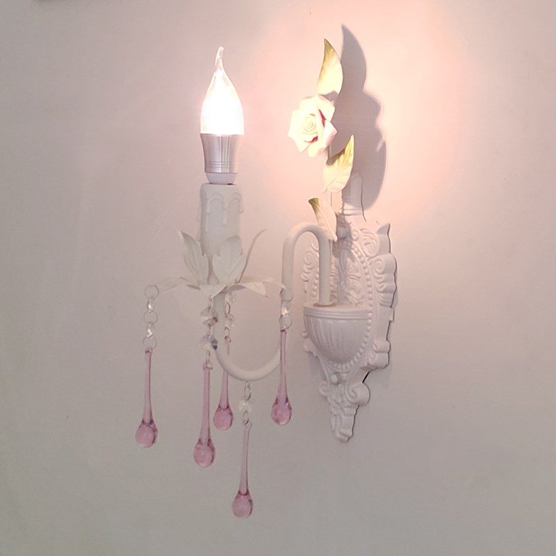 美式田园水晶壁灯温馨花草装饰客厅灯卧室灯铁艺玫瑰儿童床头壁灯