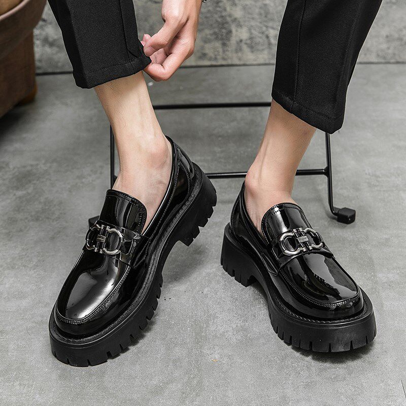 皮鞋男士夏季漆皮亮面商务正装厚底增高大头皮鞋新郎结婚鞋豆豆鞋