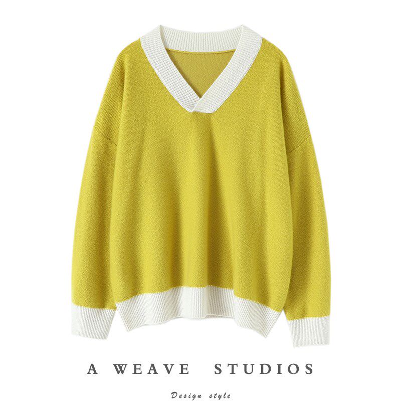 上身巨好看!姜黄色V领宽松纯羊绒毛衣女套头秋冬山羊绒衫女加厚